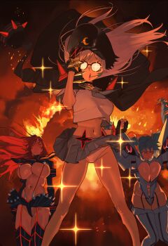 3girls absurdres black_gloves blue_hair blue_skirt blush boots breasts breasts_squeezed_together cleavage closed_eyes cosplay covering_privates explosion explosion_background fingerless_gloves floating_hair glasses gloves goddess_of_victory:_nikke highres hintobento junketsu kill_la_kill kiryuuin_satsuki kiryuuin_satsuki_(cosplay) large_breasts long_hair mankanshoku_mako mankanshoku_mako_(cosplay) matoi_ryuuko matoi_ryuuko_(cosplay) medium_breasts microskirt multiple_girls navel neon_(nikke) one_eye_closed panties pantyshot pleated_skirt privaty_(nikke) rapi_(nikke) rapi_(red_hood)_(nikke) red_hair revealing_clothes school_uniform senketsu serafuku skirt thigh_boots twintails underwear white_panties