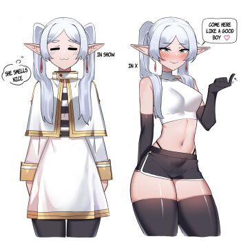 1girl :3 alternate_costume black_gloves black_pantyhose black_shorts black_thighhighs blush breasts commentary dolphin_shorts dress elbow_gloves elf english_text frieren gloves green_eyes highres looking_at_viewer medium_breasts midriff multiple_views navel pantyhose pointy_ears shorts simple_background smile sousou_no_frieren speech_bubble tank_top thighhighs thighs ti_keep twintails white_background white_dress white_hair white_tank_top