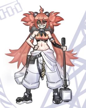 1girl absurdres ahoge animal_ears bare_shoulders bear_ears black_gloves breasts commentary crop_top egoroamer english_commentary eyepatch fake_animal_ears fingerless_gloves gloves hair_between_eyes hair_ornament highres holding koleda_belobog long_hair looking_at_viewer midriff navel pants red_eyes red_hair solo sphere_hair_ornament twintails zenless_zone_zero