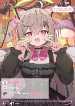 animal_ear_hairband animal_ears beatrixa_(stella_sora) black_dress cat_ear_hairband cat_ears choker dress fake_animal_ears hairband halloween highres mizuhi_kou nail_polish paw_pose smile stella_sora stream