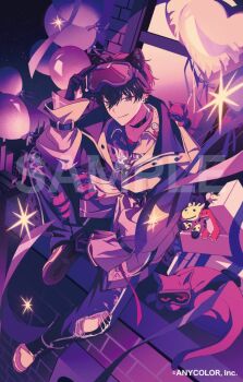 1boy animal_ears black_choker black_gloves black_hair cat choker commentary_request company_name copyright_notice fake_animal_ears full_body gloves goggles goggles_on_head hair_between_eyes heart heart_background jacket looking_at_viewer male_focus morio_(m_machi) nijisanji official_art pants purple_eyes purple_theme saiki_ittetsu saiki_ittetsu_(1st_costume) sample_watermark shirt shoes sitting solo torn_clothes torn_pants virtual_youtuber watermark