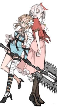 2girls aerith_gainsborough aerith_gainsborough_(cosplay) aerith_gainsborough_(garb_of_the_possessed) bandaged_arm bandaged_leg bandaged_neck bandages blue_negligee boots bow braid braided_hair_rings commentary_request company_connection cosplay costume_switch crossover dress final_fantasy final_fantasy_vii final_fantasy_vii:_ever_crisis hair_bow hair_rings high_heels highres holding holding_staff jacket kaine_(nier) kaine_(nier)_(cosplay) lingerie lunar_tear mage_staff multiple_girls negligee nier nier_(series) official_alternate_costume official_alternate_hairstyle pink_dress red_jacket single_bare_leg single_bare_shoulder single_thighhigh souse_me square_enix staff thighhighs underwear white_hair