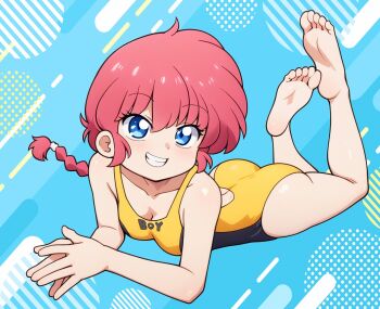 1girl backless_swimsuit barefoot blue_eyes braid braided_ponytail breasts cleavage clothes_writing full_body grin legs_up long_hair lying medium_breasts odochi_(1or8) on_stomach one-piece_swimsuit ranma-chan ranma_1/2 red_hair single_braid smile solo swimsuit yellow_one-piece_swimsuit