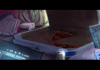1girl absurdres blonde_hair blue_archive can closed_eyes commentary_request computer drink_can food highres jacket laptop letterboxed lying minibi_(minibeat) momoi_(blue_archive) pizza pizza_box pizza_slice sleeping solo visual_studio_code white_jacket