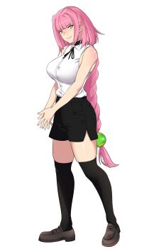 absurdres braid braided_ponytail breasts chainsaw_man commentary commission commissioner_upload cosplay english_commentary green_eyes highres large_breasts mrdikwen pink_hair reze_(chainsaw_man) reze_(chainsaw_man)_(cosplay) rune_factory rune_factory:_guardians_of_azuma shirt shorts sleeveless sleeveless_shirt thick_thighs thighhighs thighs ulalaka