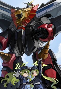 2girls blue_archive commentary_request demon_girl demon_tail dokomon gaogaigar gloves green_hair green_halo halo hat highres hikari_(blue_archive) korean_commentary long_hair long_sleeves looking_at_viewer mecha multiple_girls nozomi_(blue_archive) open_mouth peaked_cap pointy_ears robot siblings sisters super_robot tail twins twintails white_gloves yellow_eyes yuusha_ou_gaogaigar yuusha_series