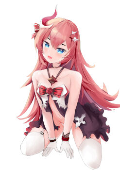 1girl absurdres ban_tang bare_shoulders black_dress blue_eyes breasts chinese_commentary commentary_request dress highres honkai_(series) honkai_impact_3rd horns long_hair panties pink_hair pink_horns rozaliya_olenyeva seiza simple_background single_horn sitting small_breasts smile solo thighhighs underwear very_long_hair white_background white_panties white_thighhighs