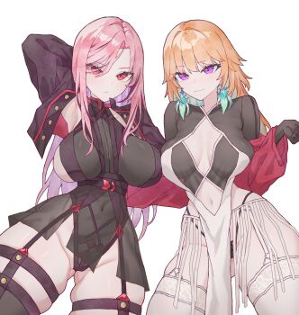 2girls absurdres alternate_costume blush boijfal breasts cleavage earrings feather_earrings feathers gradient_hair green_hair highres hololive hololive_english jewelry large_breasts long_hair looking_at_viewer mori_calliope multicolored_hair multiple_girls orange_hair pink_hair purple_eyes red_eyes smile takanashi_kiara virtual_youtuber