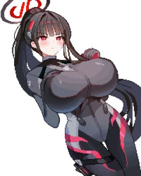 1girl black_bodysuit black_hair black_halo blue_archive blunt_bangs blush bodysuit breasts bright_pupils closed_mouth commentary cowboy_shot hair_ornament halo hand_on_own_chest highres holster impossible_bodysuit impossible_clothes large_breasts latex latex_bodysuit long_hair multicolored_halo official_alternate_costume official_alternate_hairstyle pixel_art ponytail red_eyes ringed_eyes rio_(blue_archive) rio_(bodysuit)_(blue_archive) sidelocks simple_background skin_tight solo standing thigh_gap thigh_holster tinia_etru two-tone_halo variant_set very_long_hair white_background white_pupils