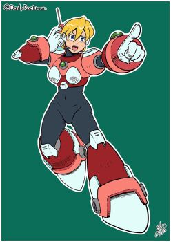 Rule 34 | 1girl, alia (mega man), android, arm guards, armor, armored boots, black bodysuit, blonde hair, blue eyes, bodysuit, boots, bracer, breastplate, chest jewel, cuirass, dailyrockman, elbow pads, gauntlets, gloves, green background, hair between eyes, headphones, joints, knee boots, knee pads, mechanical arms, mechanical boots, mega man (series), mega man x (series), open mouth, plate armor, pointing, radio antenna, robot girl, robot joints, shoulder armor, simple background, solo