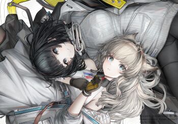 2girls absurdres animal_ears arknights arknights:_endfield bird_ears bird_girl black_hair black_pantyhose blue_eyes commission diamond-shaped_pupils diamond_(shape) dress endministrator_(arknights) female_endministrator_(arknights) grey_hair highres irvinetope jacket long_hair looking_at_viewer multiple_girls off_shoulder open_clothes open_jacket pantyhose perlica_(arknights) ribbed_sweater sweater symbol-shaped_pupils white_dress white_jacket white_sweater yellow_pupils