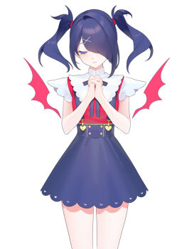 Rule 34 | 1girl, ame-chan (needy girl overdose), black hair, black ribbon, black skirt, closed eyes, collared shirt, commentary request, cowboy shot, demon wings, facing viewer, hair ornament, hair over one eye, hands up, highres, interlocked fingers, long hair, miniskirt, neck ribbon, needy girl overdose, official art, ohisashiburi, own hands together, parted lips, praying, red shirt, red wings, ribbon, second-party source, shirt, simple background, skirt, solo, standing, suspenders, twintails, wavy hair, white background, wings, x hair ornament