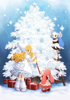 1girl 2others absurdres baiguiyu blonde_hair blue_bow blue_eyes bow box candle christmas_ornaments christmas_tree commentary decorating_christmas_tree dress gift gift_box hat highres leg_warmers long_hair multiple_others original rabbit shoes standing tree white_bow white_dress white_hat white_leg_warmers white_shoes yellow_eyes