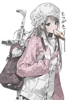1girl bag bag_bow bag_charm black_eyes blush bow bread bread_slice charm_(object) food food_in_mouth fried_egg fried_egg_on_toast frilled_hat frills grey_hair gun hat hat_ornament hat_ribbon heart-shaped_charm highres jacket long_hair long_sleeves looking_at_viewer mouth_hold multicolored_jacket nyzziz off_shoulder original partially_open_jacket pink_jacket polka_dot polka_dot_jacket red_bag ribbon school_bag shirt shoulder_bag simple_background single_off_shoulder solo star_(symbol) star_hat_ornament toast toast_in_mouth two-tone_jacket upper_body weapon white_background white_bow white_hat white_jacket white_ribbon white_shirt