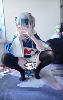Rule 34 | cosplay, cosplay photo, gawr gura, gawr gura (1st costume), gawr gura (cosplay), iruri, photo (medium), squatting, thick thighs, thighs