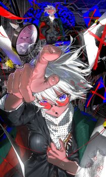 1girl absurdres arm_up black_coat black_jacket black_pants blue_eyes breasts clothes_grab coat coat_on_shoulders commission cross dark-skinned_female dark_skin eyelashes fingernails floating floating_object glint hair_between_eyes hand_on_own_chest hand_up highres jacket jewelry long_hair long_sleeves looking_at_viewer mau_sakura medium_breasts multiple_views open_mouth original pants paper scarf shirt short_hair skeb_commission solo string string_around_finger string_of_fate sunglasses tinted_eyewear turtleneck two-sided_coat two-sided_fabric white_hair white_scarf