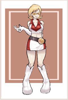 1girl bare_shoulders belt black_belt blonde_hair boots breasts cleavage collarbone collared_shirt commission crop_top elbow_gloves gloves go-rock_squad go-rock_squad_grunt_(pokemon) highres midriff mixed-language_commentary nintendo open_mouth pixiv_commission pokemon pokemon_ranger_(series) pokemon_ranger_1 ragou2niko shirt short_hair skirt sleeveless sleeveless_shirt smile solo standing tinted_eyewear variant_set white_boots white_gloves white_shirt white_skirt yellow-tinted_eyewear