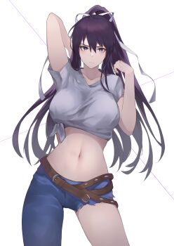 1girl absurdres arm_behind_head asymmetrical_clothes asymmetrical_legwear belt black_hair blue_pants breasts bright_pupils brown_belt closed_mouth collarbone contrapposto denim feet_out_of_frame hair_between_eyes hair_ribbon hand_up hazerou highres jeans kanzaki_kaori large_breasts light_blush light_frown long_hair looking_at_viewer midriff navel pants ponytail purple_eyes ribbon shirt short_sleeves simple_background single_pantsleg solo stomach thighs tied_shirt toaru_majutsu_no_index uneven_legwear white_ribbon white_shirt wire