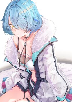 1girl armpit_crease between_legs blue_hair blush bra breasts cleavage closed_mouth commentary_request elf hair_over_one_eye hand_between_legs highres hololive jacket large_breasts long_sleeves looking_at_viewer medium_breasts official_alternate_hairstyle pointy_ears short_hair short_shorts shorts simple_background single_bare_shoulder single_off_shoulder solo taka.yana twitter_username underwear virtual_youtuber white_background white_bra white_jacket white_shorts yellow_eyes yukihana_lamy yukihana_lamy_(cyber)