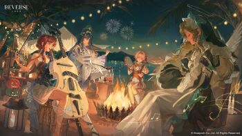 4girls absurdres aerial_fireworks angel_wings barcarola_(reverse:1999) bow_(music) crackling_box_(reverse:1999) english_text fake_halo fake_wings fireworks halloween halloween_costume halo highres holding holding_bow_(music) holding_instrument holding_violin instrument jack-o&#039;-lantern kiperina lake lorelei_(reverse:1999) multiple_girls music nun official_alternate_costume official_art playing_instrument pumpkin reverse:1999 singing tambourine violin voyager_(choir_of_the_stars)_(reverse:1999) voyager_(reverse:1999) wings