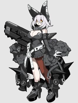 1girl absurdres black_boots black_dress black_flower black_gloves black_rose boots breasts collar commentary_request covered_navel crossover dress elphelt_valentine elphelt_valentine_(doll_annihilator) flower full_body girls&#039;_frontline gloves guilty_gear guilty_gear_strive guilty_gear_xrd gun hairband highres holding holding_gun holding_weapon kekeken large_breasts looking_at_viewer official_alternate_costume rose sangvis_ferri shotgun single_leg_pantyhose single_thighhigh solo spiked_collar spikes thighhighs weapon yellow_eyes