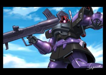 artist_name bazooka_(gundam) black_border blue_sky border cloud cloudy_sky commentary day dom_(mobile_suit) english_commentary feet_out_of_frame g.yamamoto gundam highres holding holding_weapon looking_at_viewer mecha mecha_focus mobile_suit mobile_suit_gundam no_humans one-eyed outstretched_arm purple_eyes robot science_fiction signature sky solo standing weapon zeon