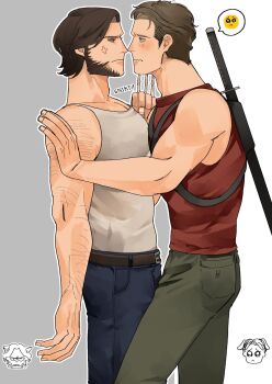 2boys against_wall anger_vein animal_ears arm_hair ass belt blue_pants blush bone cat_ears claws clenched_hand closed_mouth commentary deadpool denim dog_ears eye_contact facial_hair green_pants highres jeans katana large_pectorals light_brown_hair looking_at_another male_focus marvel multiple_boys muscular muscular_male noses_touching pants pectoral_docking pectoral_press pectorals sad_emoji sleeveless spoken_emoji spoken_expression sword sword_on_back symbol-only_commentary tank_top wavy_mouth weapon weapon_on_back wolverine_(x-men) wonpese x-men x-men_film_series x-men_origins:_wolverine yaoi