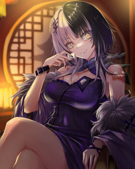 Rule 34 | black hair, blunt bangs, blurry, blurry background, breasts, chair, china dress, chinese clothes, cleavage cutout, closed mouth, clothing cutout, commentary request, dress, fur-trimmed shawl, fur trim, grey hair, hand up, highres, holding, holding mahjong tile, hololive, hololive english, indoors, large breasts, long hair, looking at viewer, mahjong, mahjong tile, multicolored hair, on chair, purple dress, purple shawl, shawl, shiori novella, sitting, smile, split-color hair, tcdtcd461651, virtual youtuber, yellow eyes