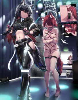 4girls ambience_synesthesia anal anal_beads anal_tail animal_collar animal_ears arknights ball_gag bdsm belt_collar black_gloves black_jacket black_pants black_shirt blush bondage bound breasts butt_plug chain chain_leash clothed_female_nude_female clothing_cutout collar colored_inner_hair controller croissant_(arknights) dildo_gag energy_wings exhibitionism exusiai_(arknights) fake_tail female_focus femdom full_body gag gagged gloves groin hair_between_eyes hair_over_one_eye half_gloves halo highres hip_vent jacket kataokasan leash long_hair looking_at_viewer looking_back maebari medium_breasts midriff multicolored_hair multiple_girls navel nipple_clamps nipples nude one_eye_covered open_clothes open_jacket orange_eyes pants parted_lips partially_fingerless_gloves pet_play pink_collar public_indecency red_hair remote_control remote_control_vibrator sex_toy shibari shirt short_hair slave sora_(arknights) stage standing stomach tail texas_(ambience_synesthesia)_(arknights) texas_(arknights) thigh_strap vaginal vibrator vibrator_cord wiffle_gag wireless_sex_toy_controller wolf_ears wolf_girl wolf_tail x-ray