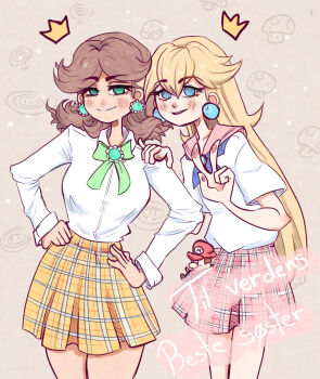 Rule 34 | adapted costume, alternate costume, baby mario, blonde hair, blue eyes, blue gem, blue neckerchief, blush stickers, bow, bowtie, brooch, brown background, brown hair, character charm, charm (object), chest jewel, closed mouth, collared shirt, commentary, crown, earrings, english commentary, eyelashes, fire flower, flower brooch, flower earrings, gem, gift art, green bow, green bowtie, green eyes, green gem, hand on another's shoulder, hands on own hips, helipeach, high-waist skirt, highres, jewelry, light particles, long hair, long sleeves, looking at viewer, mario, mario (series), medium hair, mini crown, miniskirt, neckerchief, nintendo, open mouth, patterned background, pink sailor collar, pink skirt, plaid clothes, plaid skirt, pleated skirt, princess daisy, princess peach, sailor collar, school uniform, shirt, short sleeves, skirt, smile, spanish text, sphere earrings, super mushroom, teeth, thighs, upper teeth only, v, very long hair, white shirt, white sleeves, yellow skirt