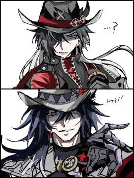 ...? 2boys absurdres ashveil_(honkai:_star_rail) black_hair boothill_(honkai:_star_rail) bracelet colored_eyelashes commentary_request cowboy_hat earrings fedora grey_eyes grin hair_between_eyes hair_over_one_eye hat highres honkai:_star_rail honkai_(series) jewelry long_hair ma0000sh mechanical_arms multicolored_hair multiple_boys sharp_teeth single_earring single_mechanical_arm smile streaked_hair teeth turtleneck white_hair zipper