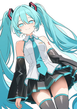 Rule 34 | 1girl, aqua eyes, aqua hair, aqua nails, aqua necktie, black skirt, black sleeves, commentary request, detached sleeves, hatsune miku, highres, necktie, number tattoo, shirt, skirt, sleeveless, sleeveless shirt, solo, takanashi yuki, tattoo, thighs, twintails, vocaloid, white background