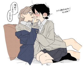 2girls black_hair black_socks blue_skirt blush brown_hair collared_shirt dayama grey_sweater hetero highres long_hair multiple_girls on_bed open_mouth original profile shirt short_hair simple_background sitting skirt socks sweater teeth upper_teeth_only white_background white_shirt yuri