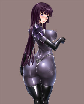 1girl ass black_thighhighs bodysuit breasts covered_erect_nipples female_focus g-string gloves grey_background kamori_sayaka large_breasts latex latex_gloves latex_legwear latex_suit original panties purple_eyes purple_hair rindou_(radical_dream) simple_background skin_tight solo thighhighs thong underwear