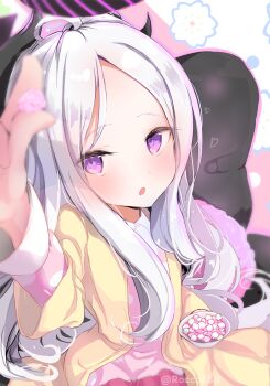 Rule 34 | 1girl, absurdres, black halo, black horns, blue archive, blurry, blurry foreground, blush, cardigan, cardigan on shoulders, demon girl, demon horns, demon wings, depth of field, dress, flower, halo, highres, hina (blue archive), hina (pajamas) (blue archive), horns, jacket, long hair, long sleeves, looking at viewer, multiple horns, official alternate costume, open cardigan, open clothes, pajamas, parted lips, pink pajamas, polka dot, polka dot dress, polka dot pajamas, polka dot shirt, purple eyes, sakurano rocco, shirt, sitting, solo, very long hair, white hair, wings, yellow cardigan, yellow jacket