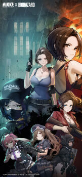 6+girls absurdres ada_wong belt black_belt black_cloak black_hat black_shirt black_skirt blue_eyes blue_shirt bow_(weapon) break-action_grenade_launcher break_action breasts brown_eyes brown_hair bullpup claire_redfield cloak closed_mouth cropped_shirt crossbow crossover d_(nikke) deipara_(nikke) dress forehead frown glock goddess_of_victory:_nikke green_eyes green_hair grenade_launcher gun handgun hat highres holding holding_crossbow holding_gun holding_weapon hood hooded_cloak jacket jewelry jill_valentine large_breasts looking_at_viewer m79 mask miranda_(nikke) mouth_mask multiple_girls necklace official_art p90 pink_hair police police_uniform quiry_(nikke) red_dress red_jacket resident_evil resident_evil_2 resident_evil_2_(remake) resident_evil_3:_nemesis resident_evil_3_(remake) shirt short_sleeves skirt star_(symbol) submachine_gun tank_top twintails weapon white_shirt
