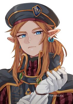 Rule 34 | 1boy, adjusting clothes, adjusting gloves, beret, blonde hair, blue eyes, commentary, earrings, english commentary, english text, expressionless, eyelashes, gloves, hanaberin, hat, highres, jewelry, link, male focus, military uniform, nintendo, pointy ears, ponytail, royal guard set (zelda), sidelocks, solo, solo focus, the legend of zelda, the legend of zelda: breath of the wild, the legend of zelda: tears of the kingdom, triforce, triforce print, twitter username, upper body, white background