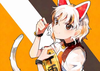 1girl animal_ears bell black_collar calico_(pattern) cat_ears cat_tail closed_mouth coin collar commentary_request diagonal-striped_background gold goutokuji_mike hands_up holding itomugi-kun jingle_bell koban_(gold) looking_at_viewer multicolored_hair multicolored_shirt neck_bell orange_eyes partial_commentary patchwork_clothes paw_pose puffy_short_sleeves puffy_sleeves short_hair short_sleeves smile socks solo streaked_hair striped_background tail touhou upper_body