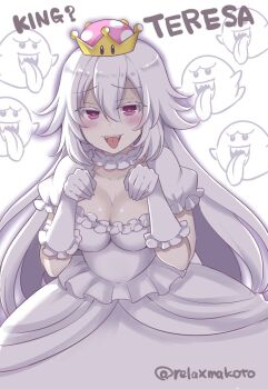 1girl :p blush boo_(mario) breasts character_name cleavage collarbone commentary_request crown dress fangs frilled_dress frilled_gloves frilled_sleeves frills ghost gloves half-closed_eyes hands_up large_breasts long_hair looking_at_viewer luigi&#039;s_mansion mario_(series) new_super_mario_bros._u_deluxe nintendo princess_king_boo purple_eyes sakurai_makoto_(custom_size) short_sleeves super_crown tongue tongue_out twitter_username white_dress white_gloves white_hair