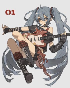 1girl alternate_costume arm_warmers belt black_arm_warmers black_belt black_boots black_collar black_shirt black_shorts blue_eyes blue_hair boots bow chouti_ttt collar full_body guitar hair_between_eyes hashtag-only_commentary hatsune_miku highres holding holding_guitar holding_instrument instrument knees_up lace-up_boots long_hair looking_at_viewer midriff_peek mismatched_arm_warmers off-shoulder_shirt off_shoulder outstretched_arm plaid_clothes print_shirt red_bow shirt short_sleeves shorts simple_background single_off_shoulder solo striped_arm_warmers twintails very_long_hair vocaloid white_background