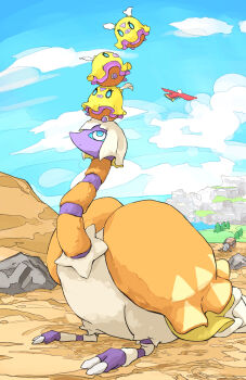 animal_focus aomon_(yuuji7604) aqua_pupils aqua_sclera blue_sky braviary closed_mouth cloud colored_sclera commentary_request day desert dot_mouth espathra evolutionary_line flittle floating flying gen_5_pokemon grass highres nintendo no_humans on_head outdoors pokemon pokemon_(creature) pokemon_focus pokemon_on_head rellor rock sand sky tree white_eyes