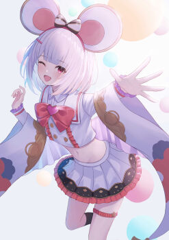 Rule 34 | 1girl, ;d, absurdres, animal ears, black socks, bow, commentary request, fake animal ears, granblue fantasy, grey background, hair ornament, hairclip, highres, kneehighs, long sleeves, looking at viewer, mouse ears, navel, niccoriii, one eye closed, open mouth, red bow, red eyes, shirt, simple background, skirt, smile, socks, solo, vikala (granblue fantasy), white background, white hair