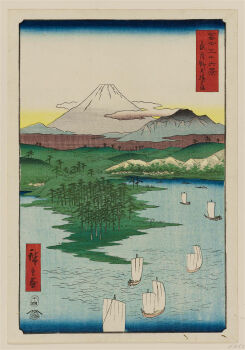 Rule 34 | 19th century, 6+others, ando hiroshige, blue sky, boat, cloud, coast, fine art parody, gradient sky, grass, highres, japan, mount fuji, mountain, multiple others, nihonga, ocean, original, outdoors, parody, rowboat, rowing, sail, scenery, sky, thirty-six views of mount fuji (hiroshige), traditional media, translation request, tree, ukiyo-e, volcano, water, watercraft, white sky, yellow sky