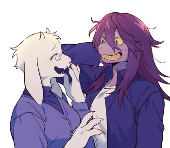 2girls ^_^ animal_ears arm_behind_head blue_jacket closed_eyes colored_sclera colored_teeth deltarune fangs fewer_digits furry furry_female glasses goat_ears goat_girl goat_horns grin hair_between_eyes highres horns jacket medium_hair multiple_girls open_mouth purple_hair sharp_teeth shout_ing simple_background smile susie_(deltarune) sweat teeth toriel upper_body utdr_(toby_fox) white_background yellow_sclera yellow_teeth