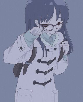 1girl backpack bag blue_hair coat collared_shirt duffel_coat eguwi flcl highres jacket long_coat long_hair looking_at_viewer ninamori_eri open_mouth school_bag shirt simple_background solo toggles white_jacket