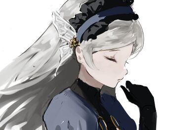 Rule 34 | 1girl, black gloves, blue dress, blue hairband, closed eyes, closed mouth, dress, frilled hairband, frills, from side, gloves, hair ornament, hairband, hand up, highres, k1kiwa, lavenza (persona 5), long hair, persona, persona 5, portrait, profile, simple background, solo, white background, white hair, wing hair ornament