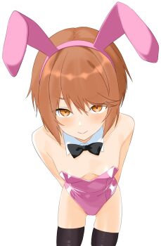 Rule 34 | 1girl, animal ear hairband, animal ears, arms behind back, black bow, black bowtie, black thighhighs, bow, bowtie, breasts, brown hair, closed mouth, collar, commentary, downblouse, fake animal ears, feet out of frame, hairband, highres, kinuhata saiai, kuronoya50, leaning forward, leotard, light blush, looking at viewer, medium hair, orange eyes, pink hairband, pink leotard, playboy bunny, rabbit ears, small breasts, smile, solo, split mouth, strapless, strapless leotard, swept bangs, thighhighs, toaru anbu no item, toaru majutsu no index, white collar