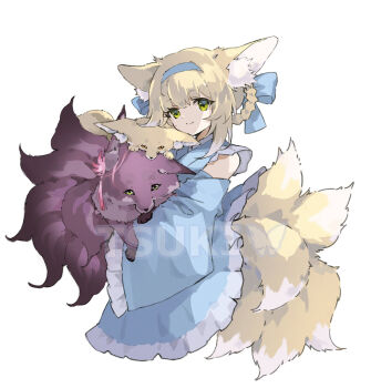 1girl alternate_costume animal animal_ears animalization arknights artist_name blonde_hair blue_dress blue_hairband braid braided_hair_rings closed_mouth colored_tips commentary dress fluffy fox fox_ears fox_girl fox_tail green_eyes hair_rings hairband highres holding holding_animal kitsune kyuubi long_sleeves multicolored_hair multiple_tails short_hair simple_background smile solo suzuran's_father_(arknights) suzuran_(arknights) tail tsukihana_l twin_braids two-tone_hair vulpisfoglia_(arknights) watermark white_background white_hair