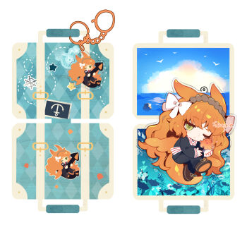 1girl bow brown_hairband brown_shoes commentary_request e.g.o_(project_moon) hair_bow hairband highres homura792 ishmael_(project_moon) limbus_company long_hair looking_at_viewer neckerchief necktie ocean orange_hair project_moon rope sailor_collar sea_angel_girl sea_angel_tail sea_angel_wings shoes sidelocks snagharpoon_(e.g.o) solo striped_necktie suitcase umbrella_octopus very_long_hair white_bow white_neckerchief white_sailor_collar