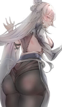 1girl absurdres artist_request ass blush bodysuit breasts from_behind goddess_of_victory:_nikke hair_bun highres huge_ass large_breasts long_hair looking_at_viewer nayuta_(nikke) red_eyes sideboob smile solo thick_thighs thighs very_long_hair white_hair